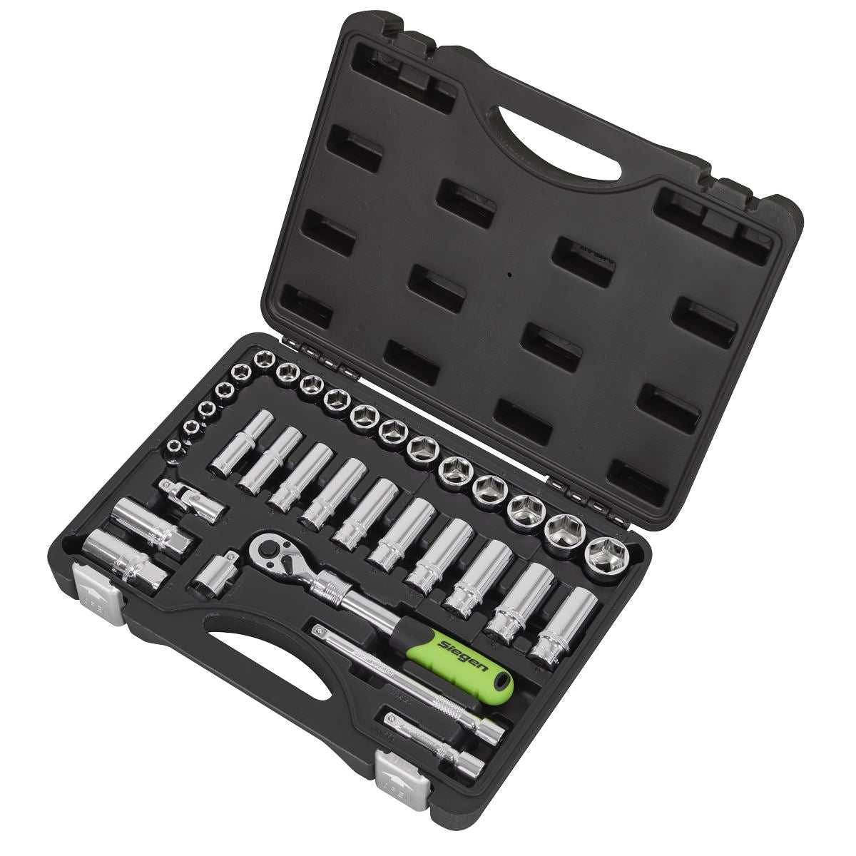 Siegen by Sealey Socket Set Extendable Ratchet 3/8"Sq Drive 34pc  White Rose Tools