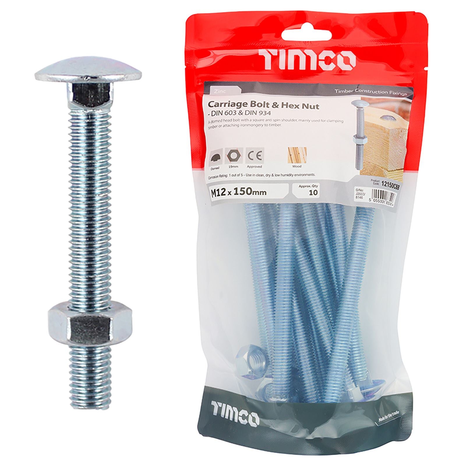 TIMCO Carriage Bolts with Hex Nuts 4.8 Grade Zinc Carbon Steel TIMbag M6-M12 - Choose Size