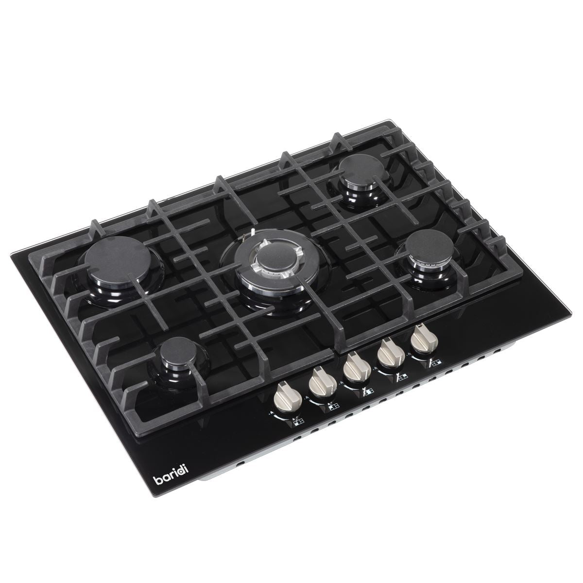 Baridi 70cm Gas on Glass Hob, 5 Burner and Cast Iron Pan Supports, Black Glass