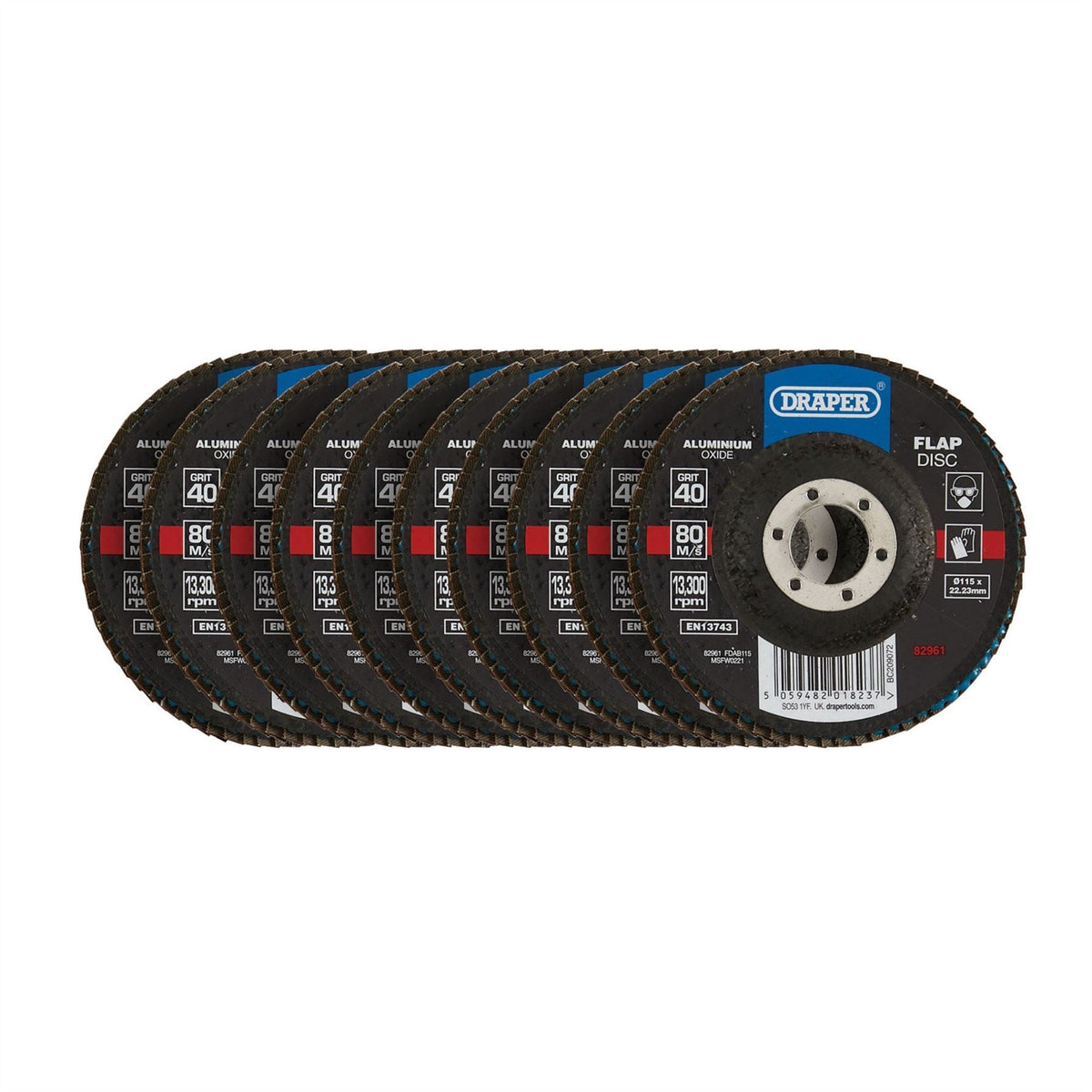 Draper Aluminium Oxide Flap Discs 115 x 22.23mm 40 Grit (Pack of 10) 82961  White Rose Tools