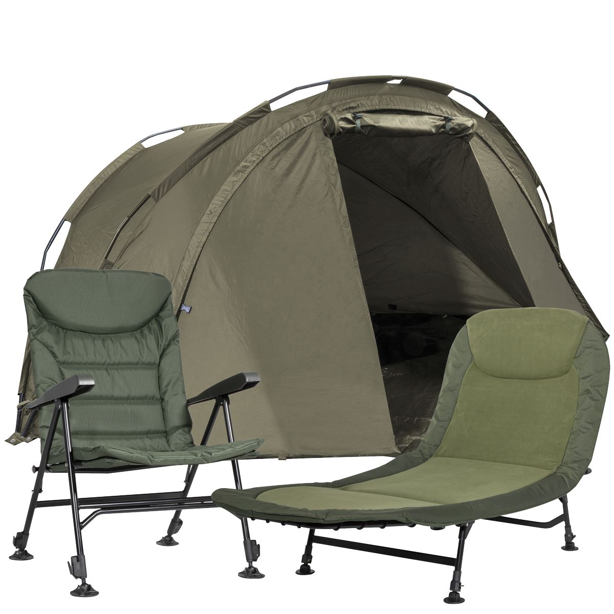 Dellonda Fishing Bivvy Carp Tent Lightweight 2-Man Waterproof & UV Protection with Fishing/Camping Chair & Adjustable Bedchair