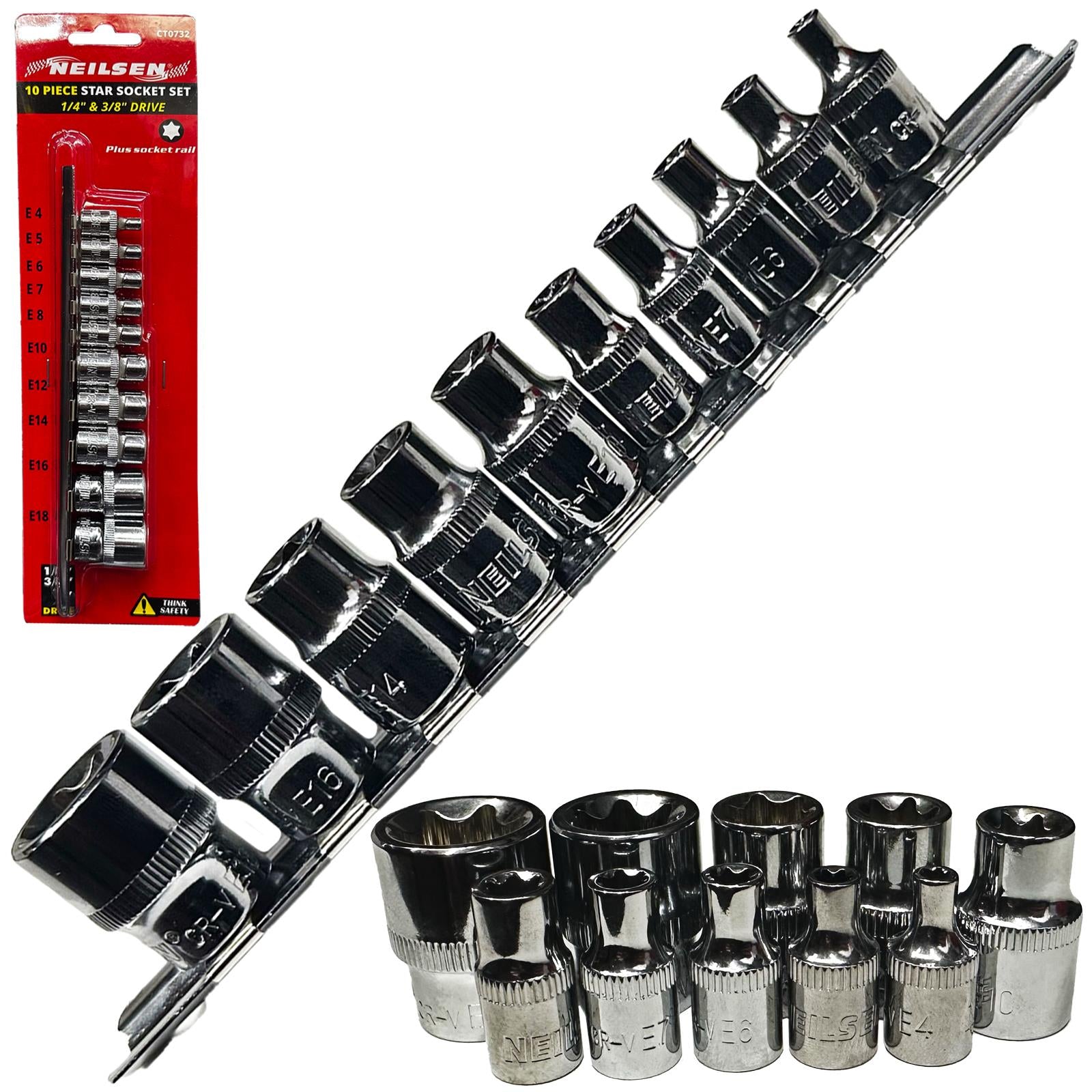 Neilsen Torx Star Socket Set Female External Socket Rail 1/4" 3/8" Drive E4-E16 10 Pieces