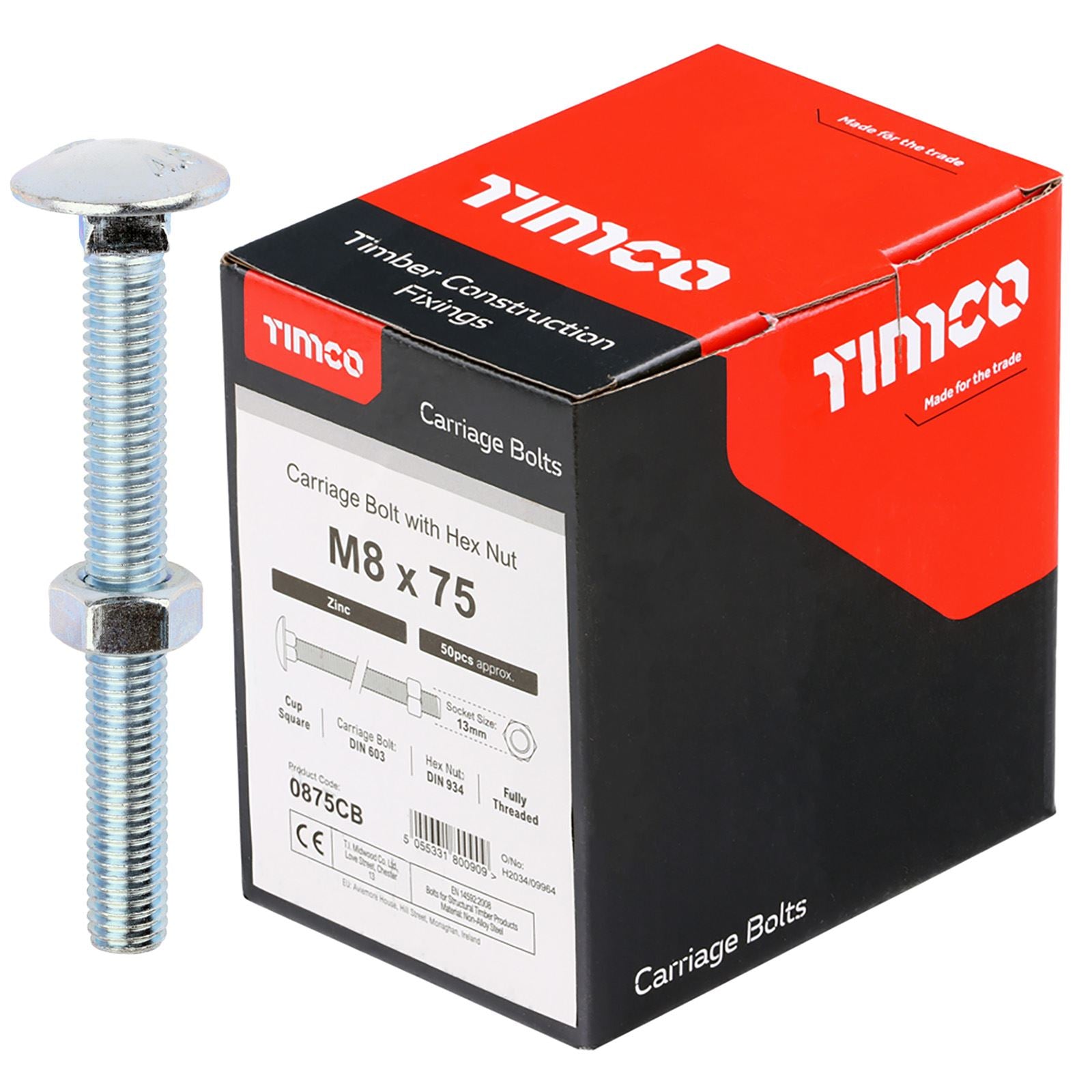 TIMCO Carriage Bolts with Hex Nuts 4.8 Grade Zinc Carbon Steel Boxed M6-M16 - Choose Size