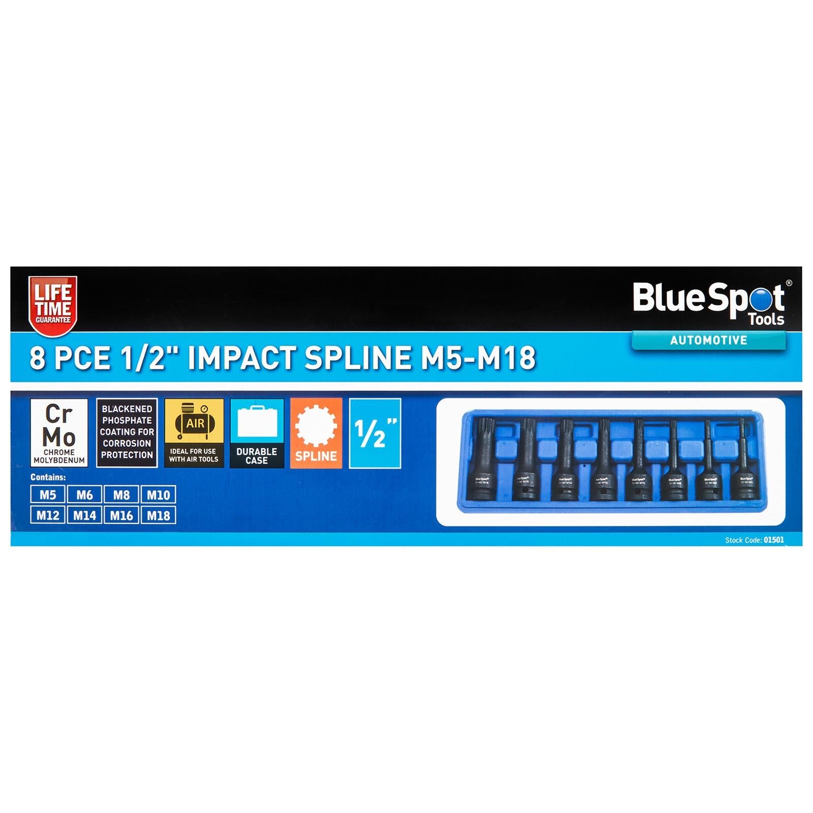 BlueSpot Impact Spline Socket Set 1/2" Drive M5-M18 8 Piece  White Rose Tools