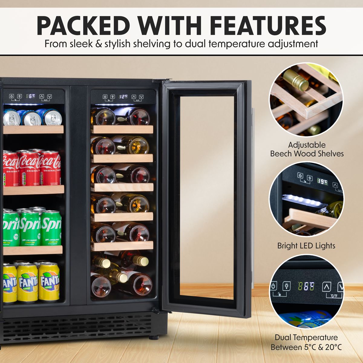 Baridi 60cm Dual Zone Wine Cooler and Drinks Fridge 40 Bottle/120 Can Built-In Under Counter/Freestanding Glass Fronted Bar Drinks Fridge Chiller
