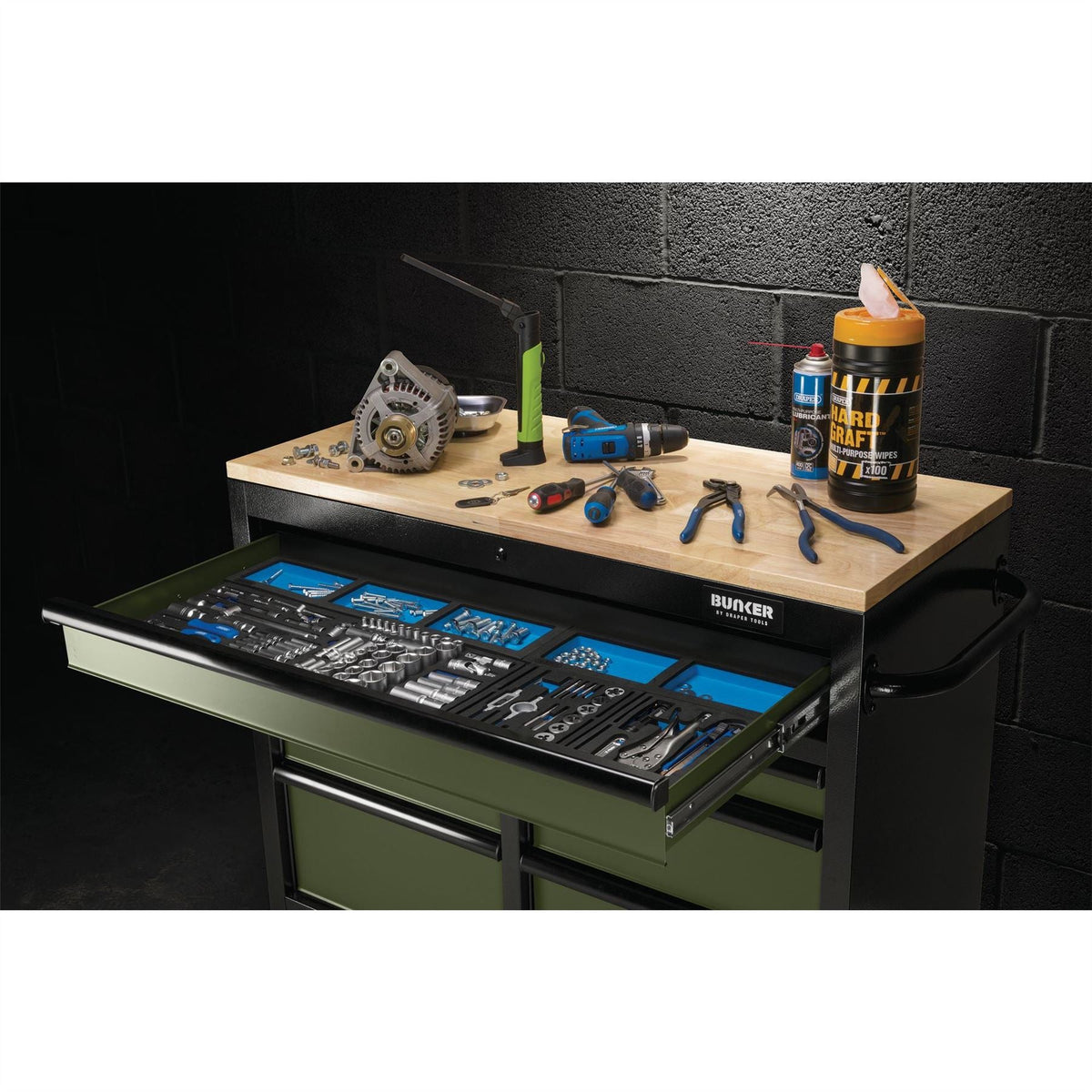 BUNKER 7 Drawer Workbench Roller Tool Cabinet 41" Green 27209  White Rose Tools