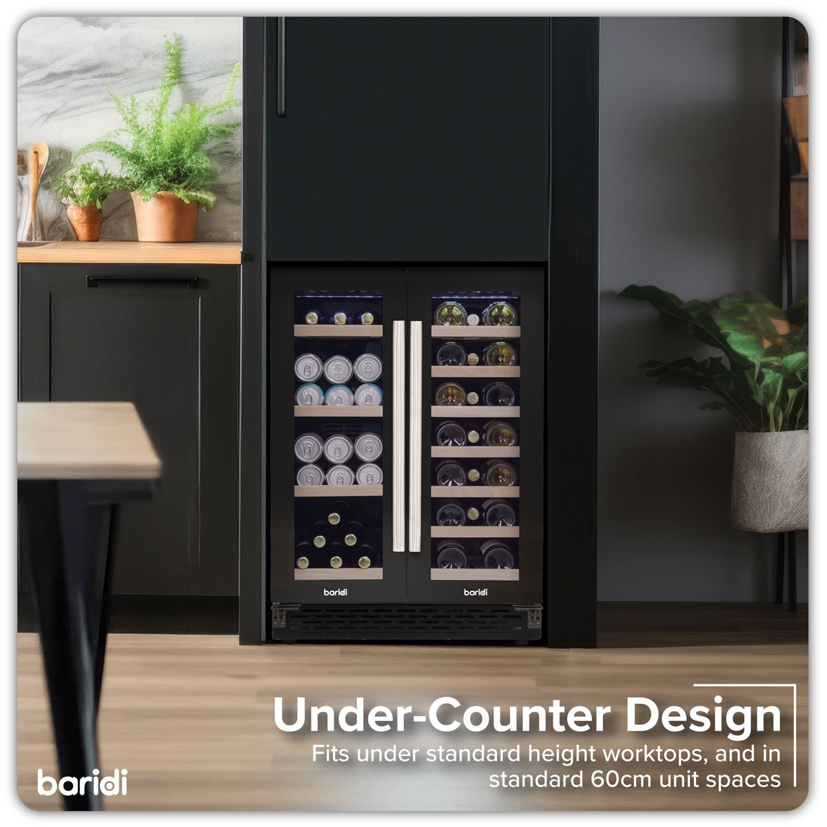 Baridi 60cm Dual Zone Wine Cooler and Drinks Fridge 40 Bottle/120 Can Built-In Under Counter/Freestanding Glass Fronted Bar Drinks Fridge Chiller