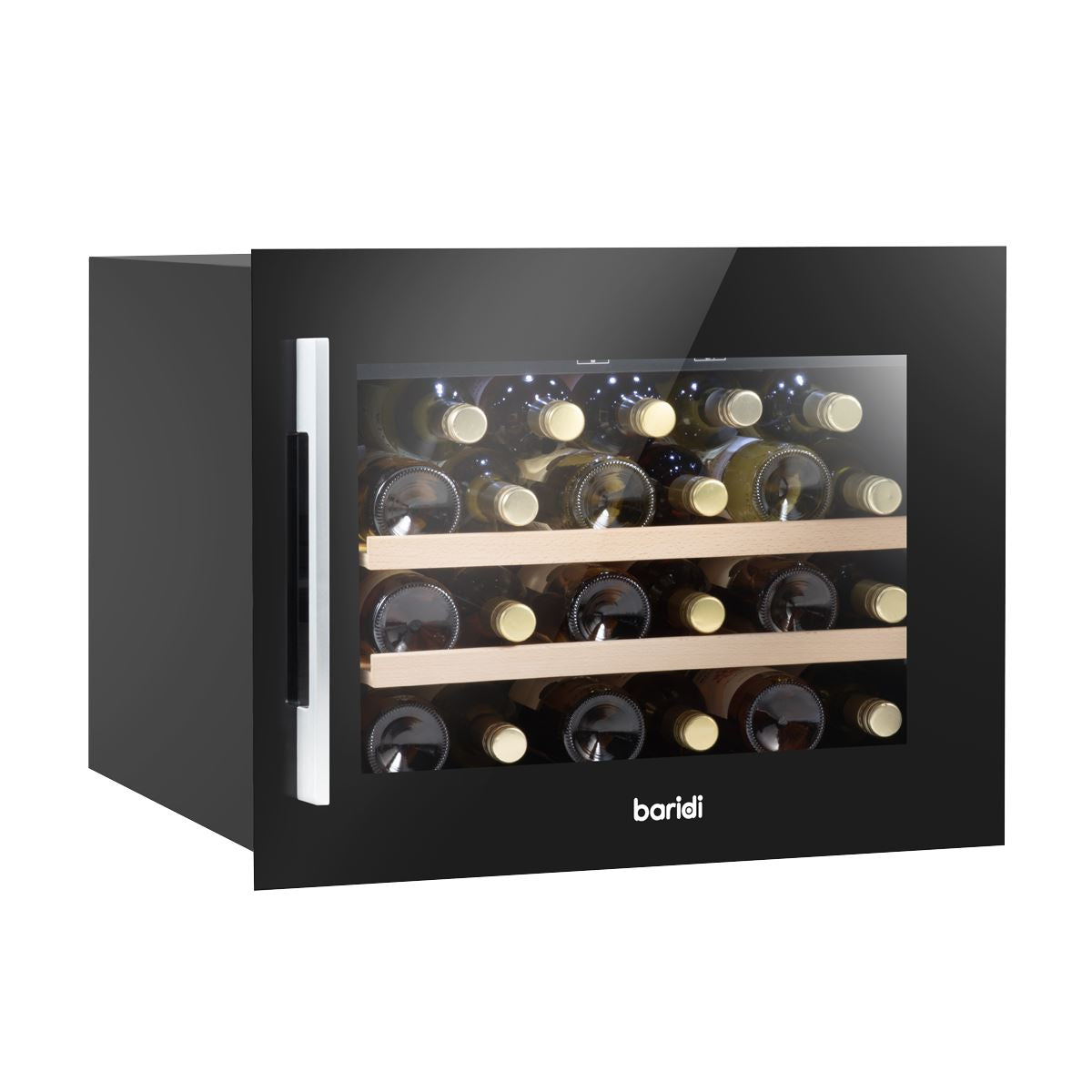 Baridi 60cm Built-In 28 Bottle Wine Cooler with Beech Wood Shelves and Internal LED Light, Black