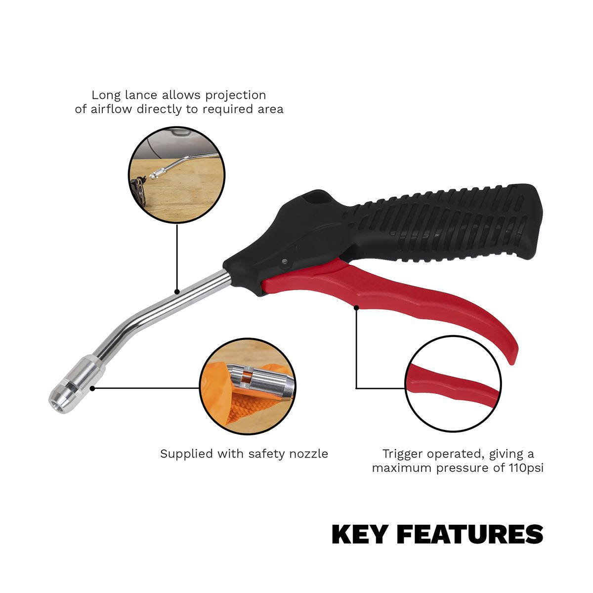 Sealey Air Blow Gun 100mm with 1/4"BSP Air Inlet & Safety Nozzle 