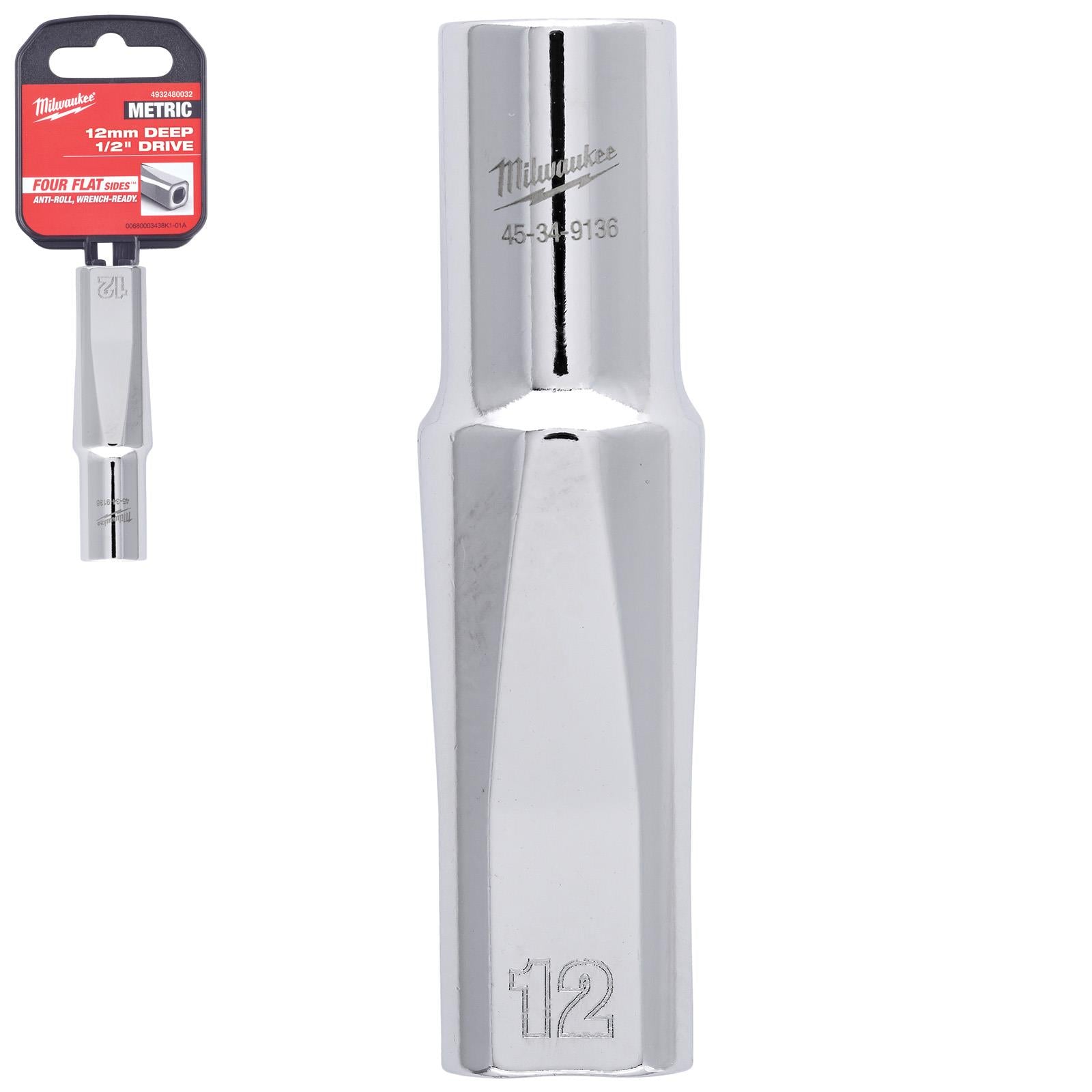 Milwaukee Chrome Socket 1/2" Drive Four Flat Sides Metric Deep 10-36mm Individual - Choose Size