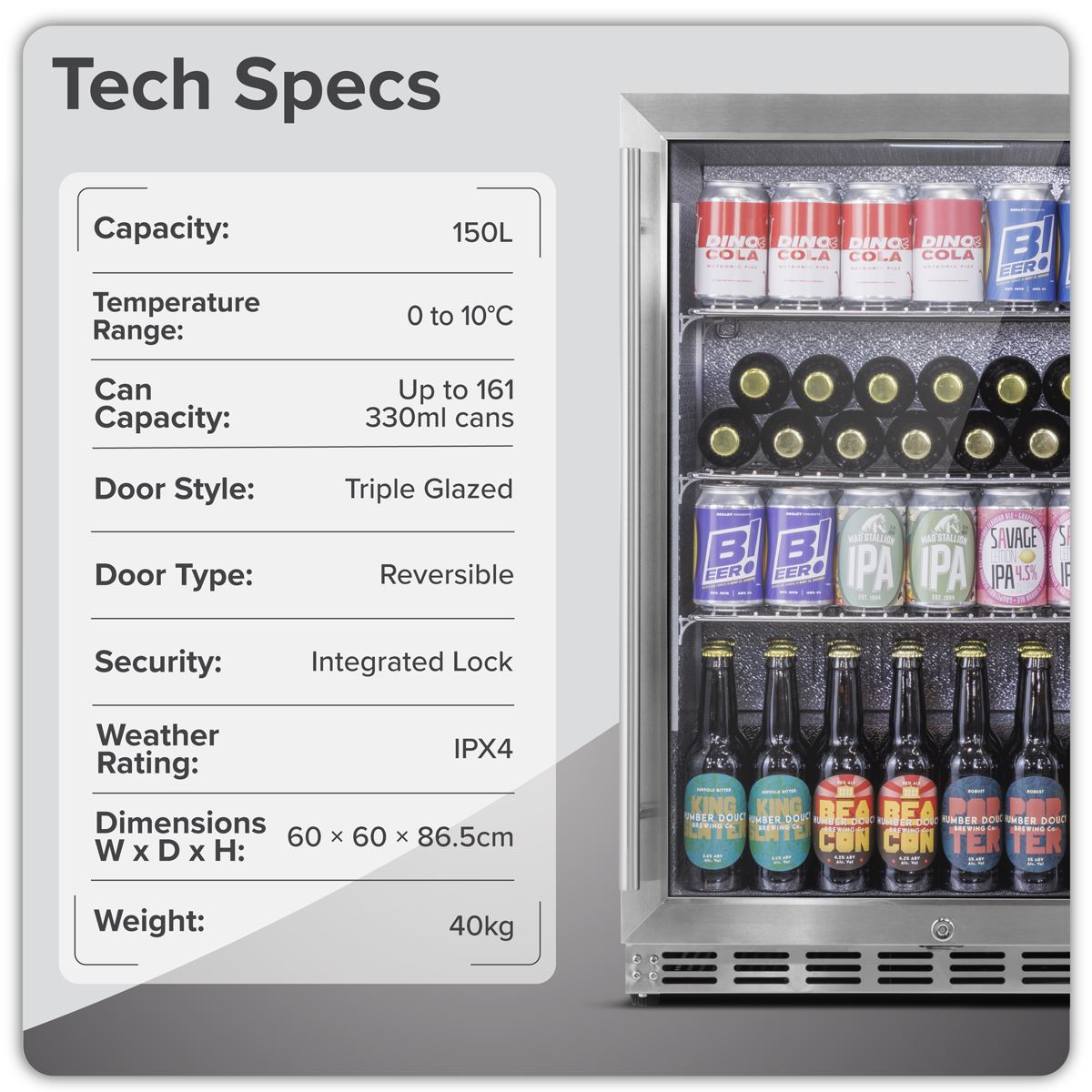 Baridi Outdoor Drinks/Beverage/Bar Fridge with Triple Glazed Door & Security Lock 150L - Stainless Steel  White Rose Tools