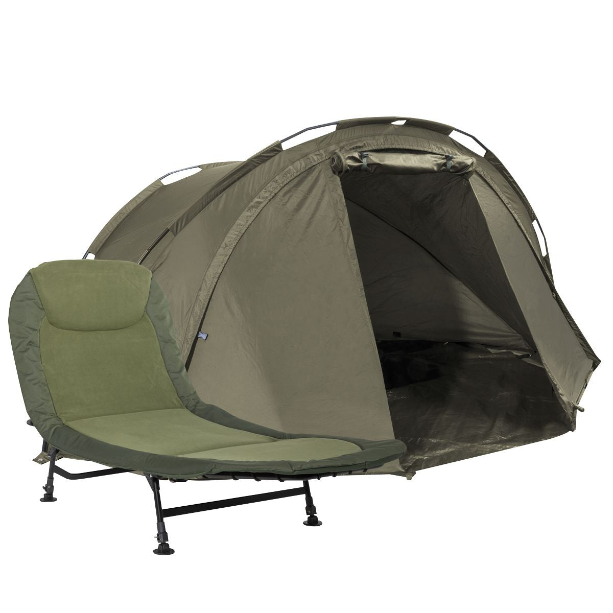 Dellonda Fishing Bivvy Carp Tent 1-Man Waterproof & UV Protection Pre-Threaded Poles & Fishing Bedchair