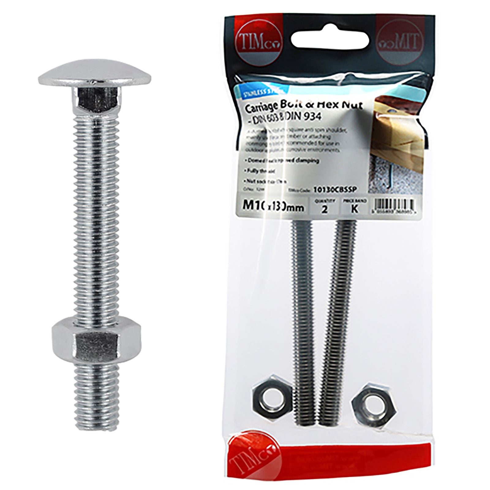 TIMCO Carriage Bolts with Hex Nuts A2 Austenitic Stainless Steel TIMpac M8-M12 - Choose Size