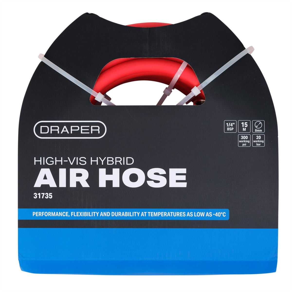 Draper High Visibility Hybrid Air Hose 15m x 8mm 1/4" BSP Red 31735  White Rose Tools