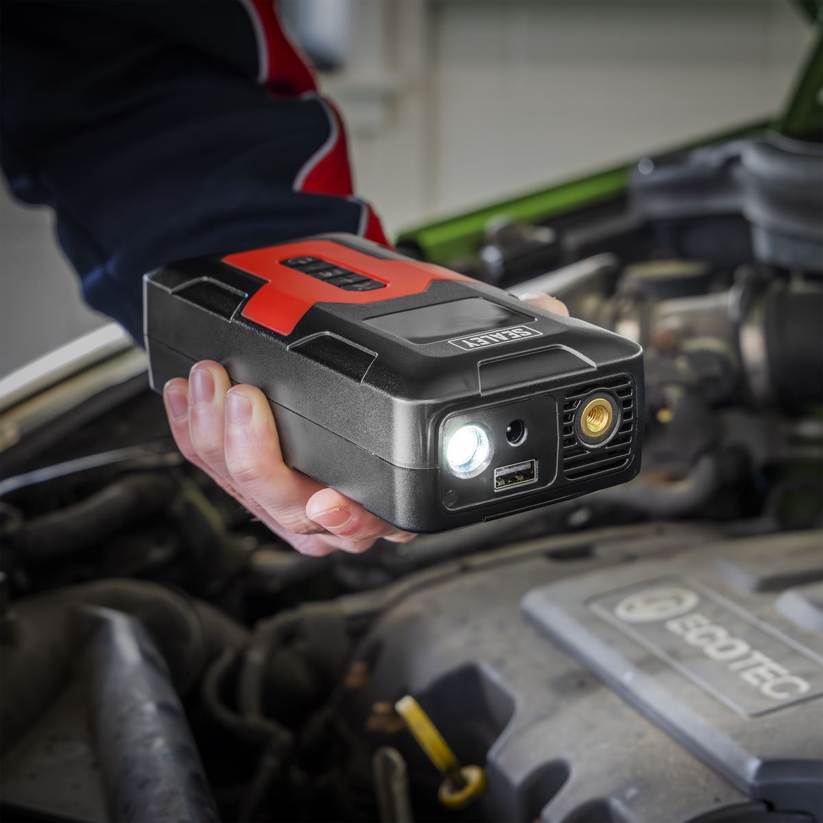 Sealey Rechargeable Tyre Inflator & Power Bank with Worklight 12V  White Rose Tools