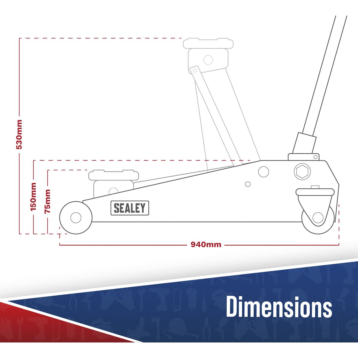 Sealey Viking 2 Tonne Low Entry Long Reach Trolley Jack with Rocket Lift