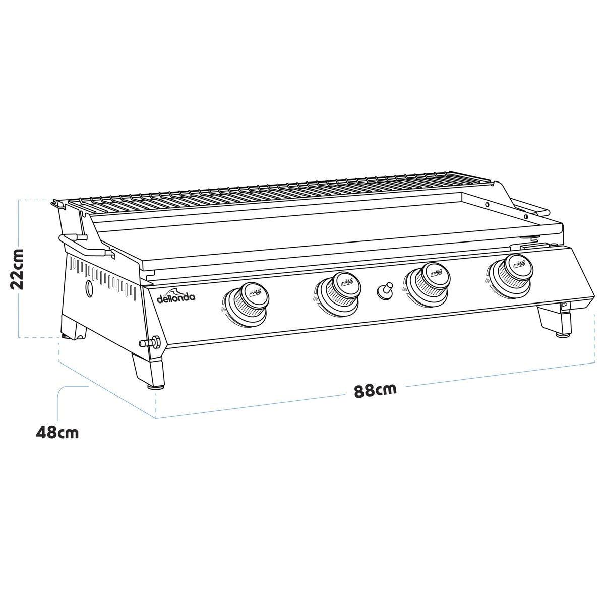 Dellonda 4 Burner Portable Gas Plancha with Warming Rack, 10kW BBQ Griddle, Stainless Steel