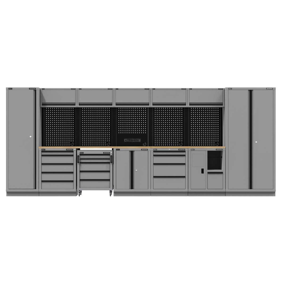 Sealey Superline PRO® Black Edition Storage System with Rubber Wood Worktop 4.92m  White Rose Tools