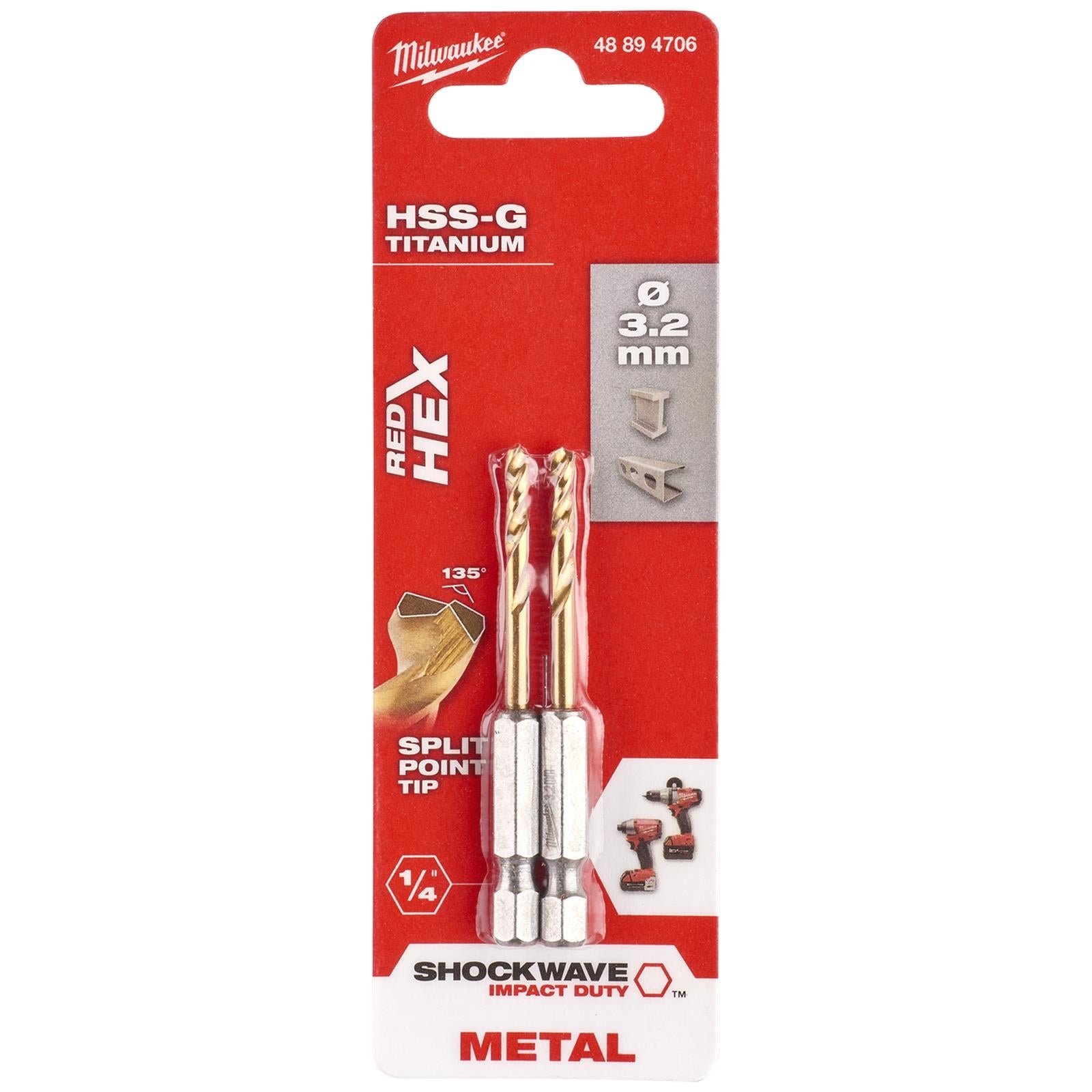 Milwaukee Red Hex Metal Drill Bits HSS Shockwave Impact Duty 1/4" Hex Shank 