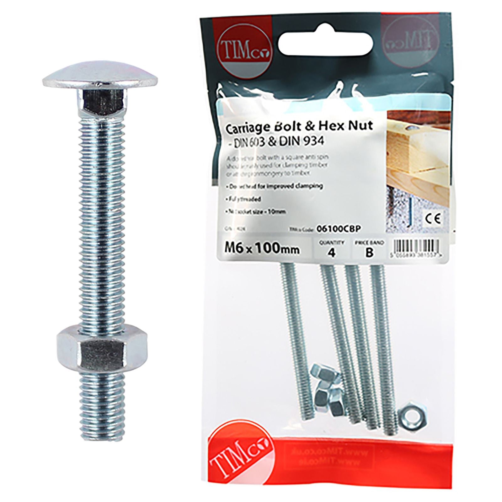 TIMCO Carriage Bolts with Hex Nuts 4.8 Grade Zinc Carbon Steel TIMpac M6-M12 - Choose Size