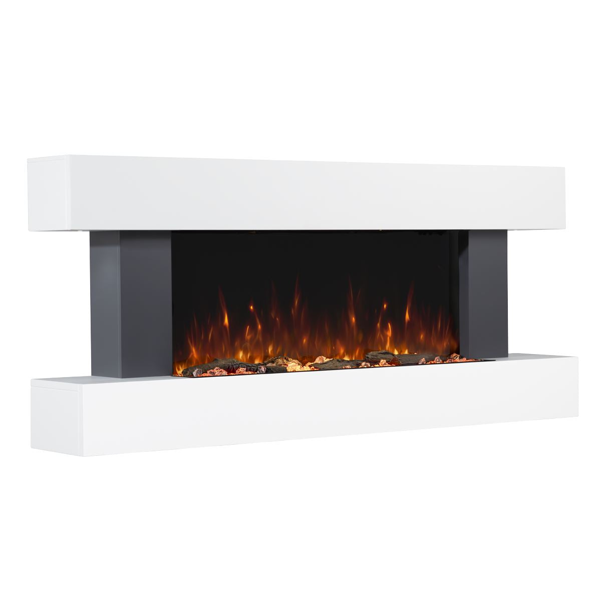 Baridi 46” Wall Mounting 1000W/2000W Electric Fireplace with LED Flame Effects, Side Glass Decoration and Pebble Accessories, Grey