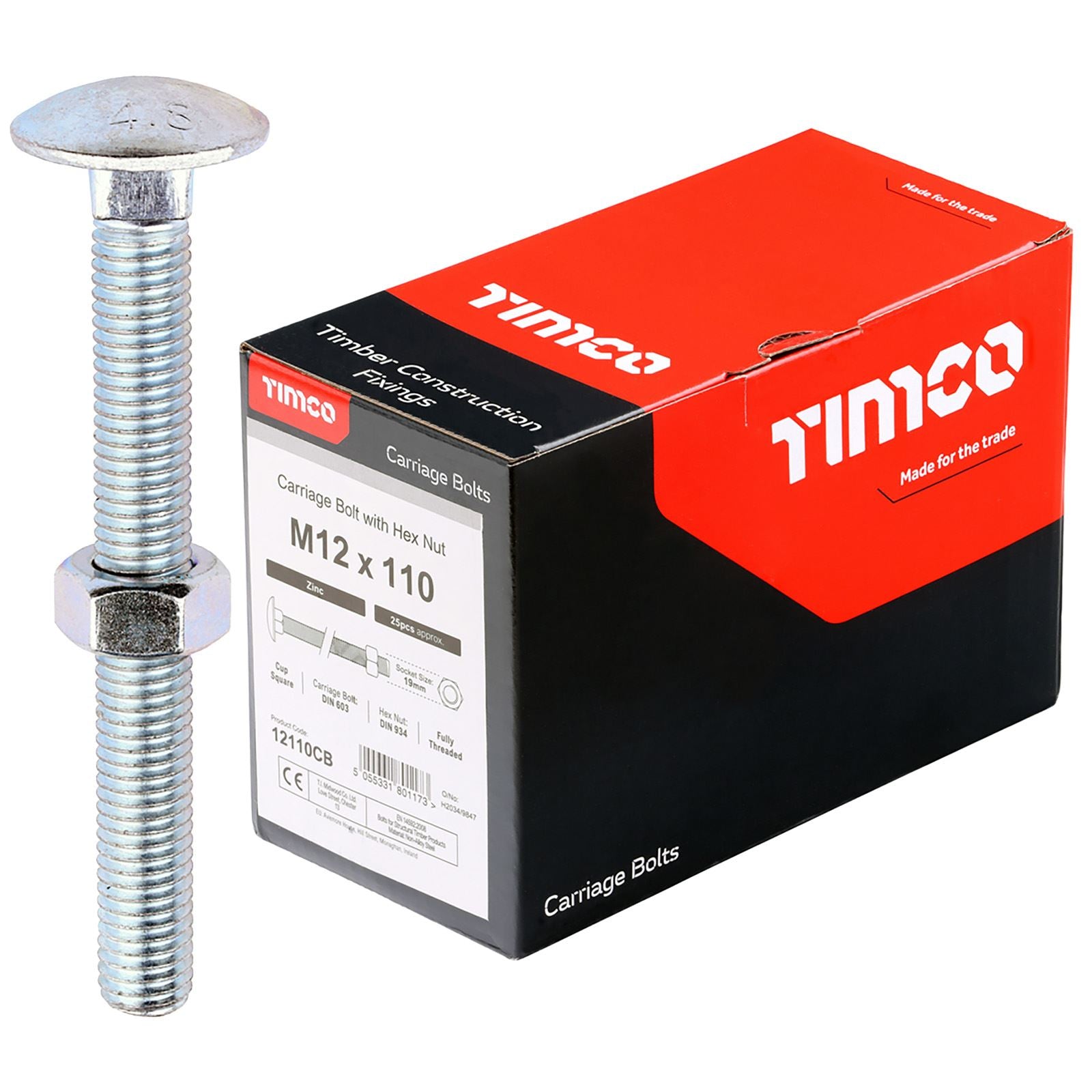 TIMCO Carriage Bolts with Hex Nuts 4.8 Grade Zinc Carbon Steel Boxed M6-M16 - Choose Size