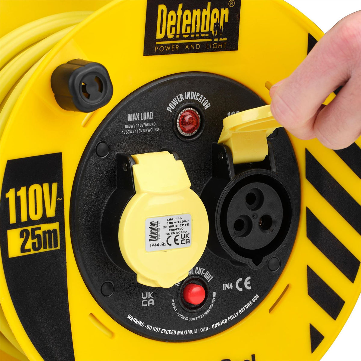 Defender E86455 110V 2-Way Heavy Duty Industrial Cable Reel 25m 35821  White Rose Tools