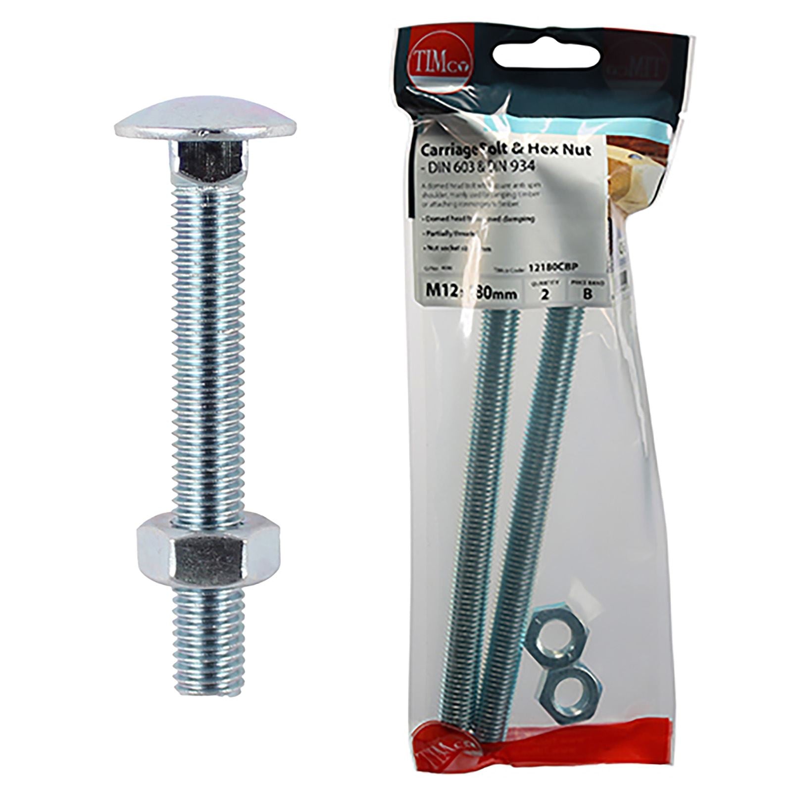 TIMCO Carriage Bolts with Hex Nuts 4.8 Grade Zinc Carbon Steel TIMpac M6-M12 - Choose Size