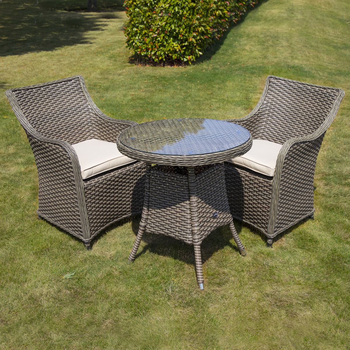 Dellonda Chester 3 Piece Rattan Wicker Outdoor Dining Set with Tempered Glass Table Top, Brown