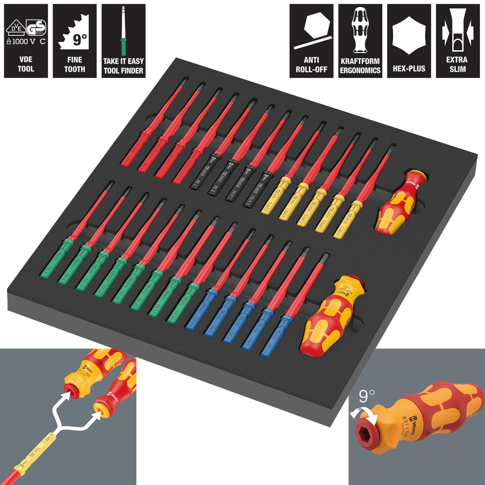 Wera Foam Insert Interchangable VDE Screwdriver Set Kraftform Kompakt VDE Set 1 9751 28 Pieces