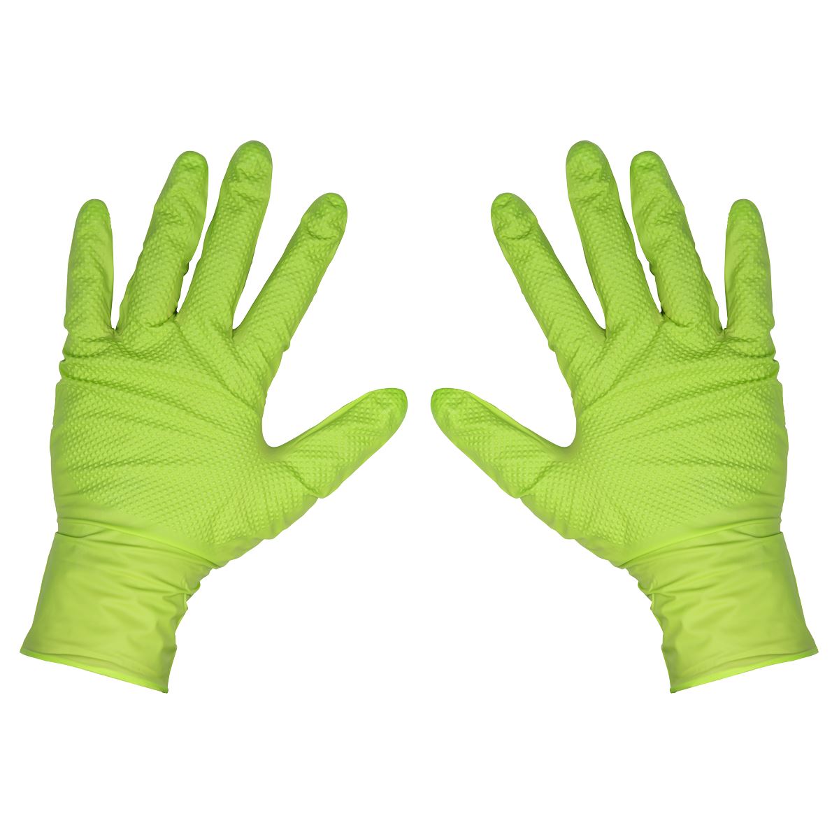 Sealey Diamond Grip Extra-Thick Nitrile Powder-Free Gloves, Hi-Vis Green, Large - Pack of 50