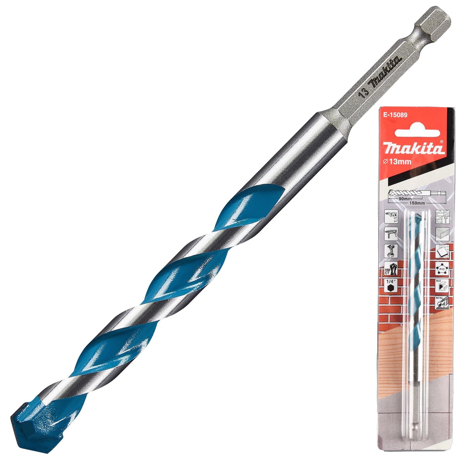 Makita Multi Material Drill Bits TCT 1/4" Hex Shank for Wood Plastic Masonry Ceramic Tiles Steel - Choose Size