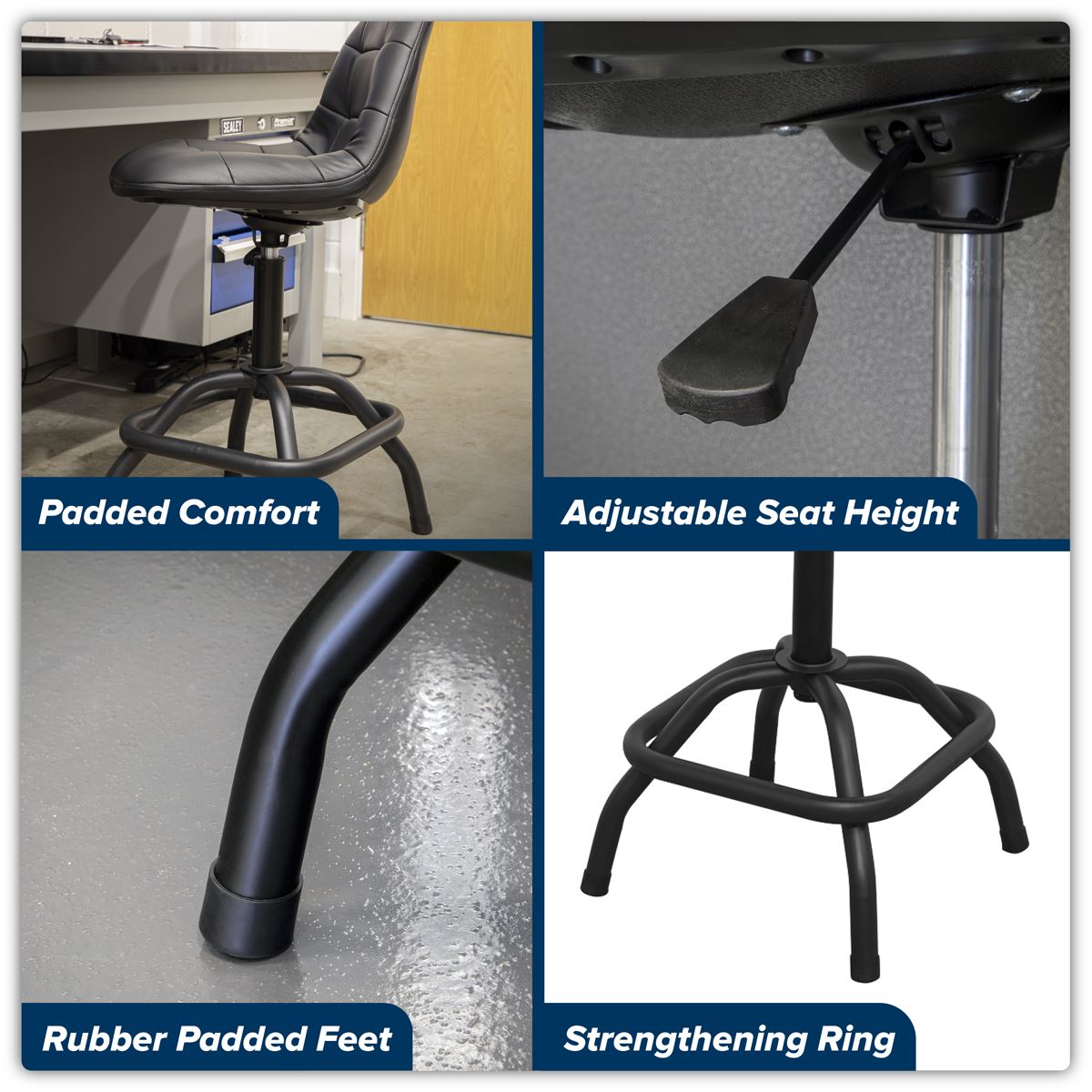 Sealey Premier Industrial Premier Industrial Pneumatic Workshop Stool with Adjustable Height Swivel Seat & Back Rest