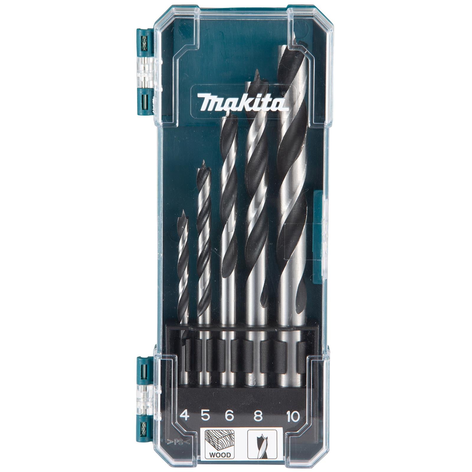 Makita Wood Drill Bit Set Straight Shank Brad Point 4-10mm Timber 5pc Woodwork 