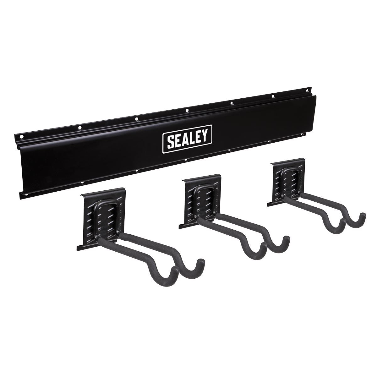 Sealey Wall Mounting Storage Rail with Sports Equipment Hooks  White Rose Tools