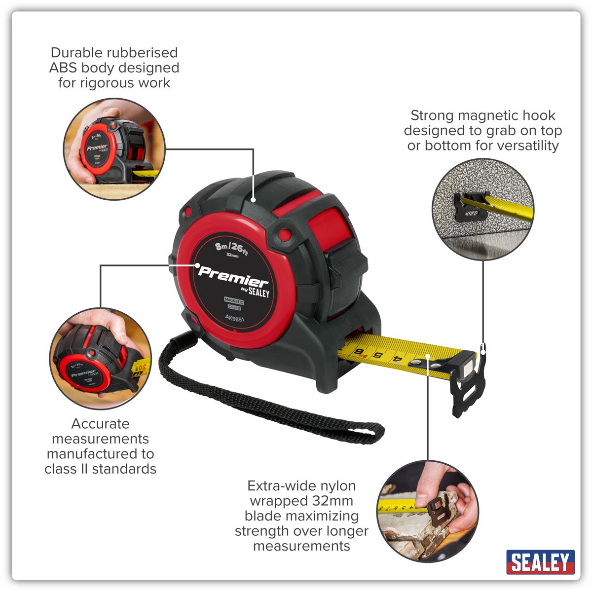 Sealey Premier Metric/Imperial Tape Measure Extra-Wide Blade 8m(26ft) x 32mm  White Rose Tools