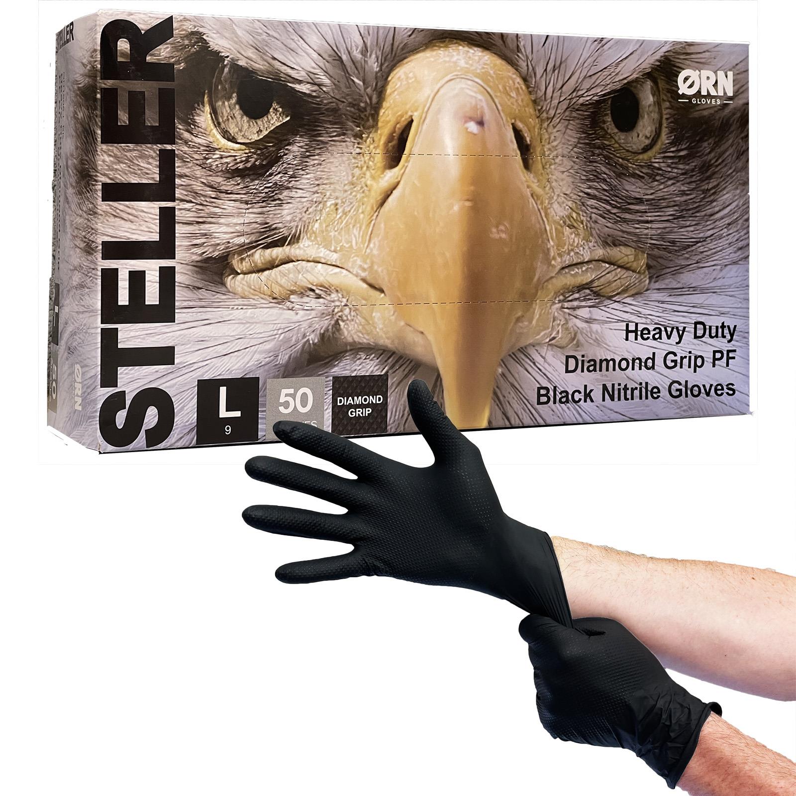 ORN Nitrile Disposable Gloves Steller Diamond Grip Black Powder Latex Free 50 Box -Choose Size