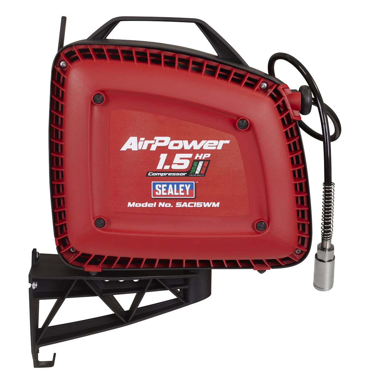 Sealey Wall Mounting Oil Free Air Compressor 1.5hp with 7m Retractable Hose Reel 