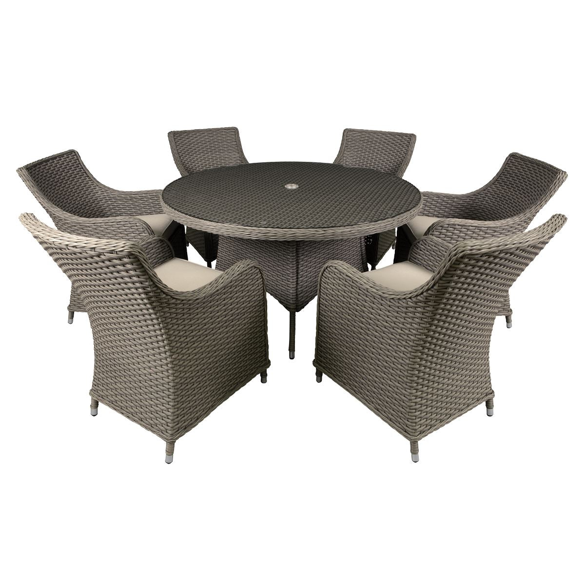 Dellonda Chester 7 Piece Rattan Wicker Outdoor Dining Set with Tempered Glass Table Top, Brown
