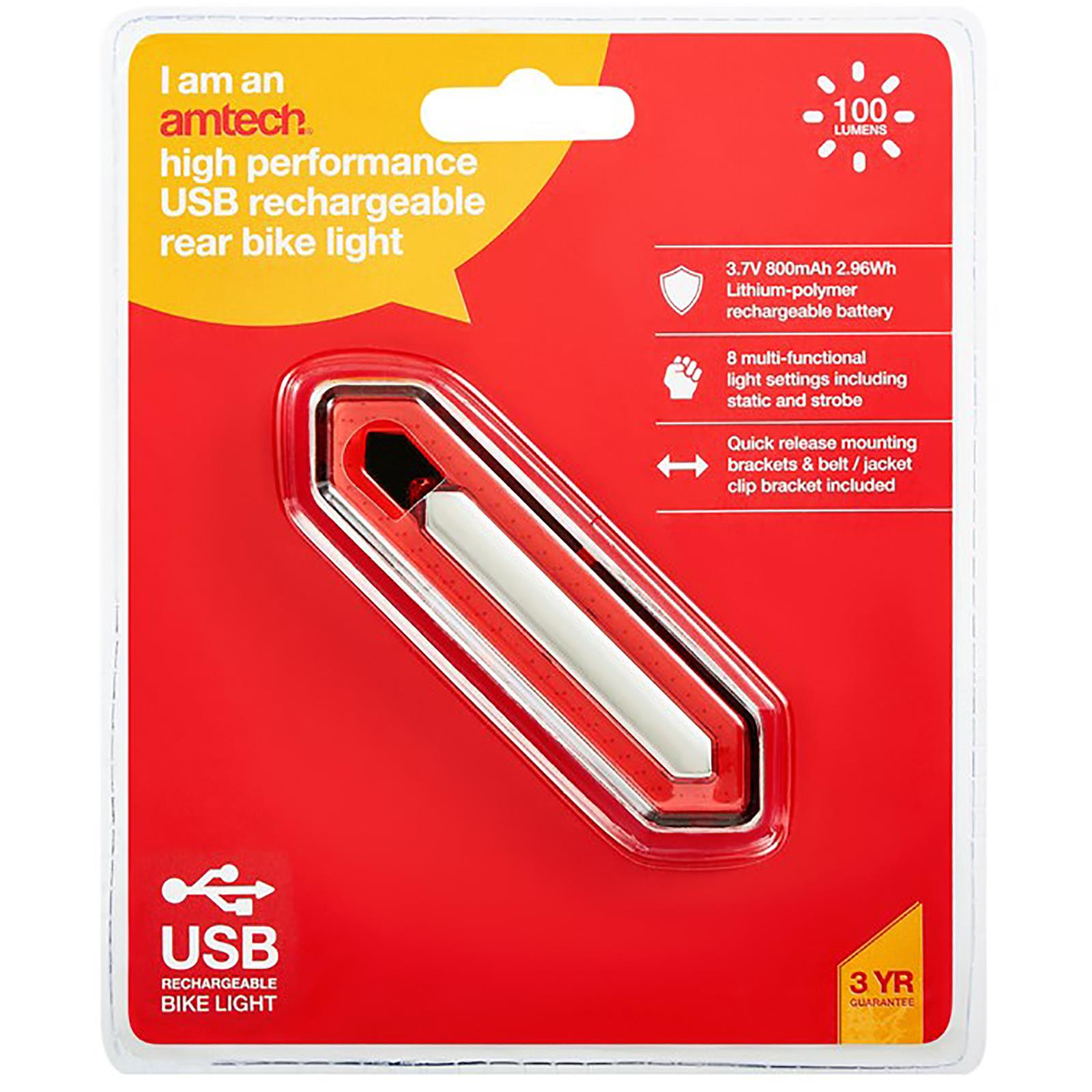 Amtech Bike Light Rear Red High Performance USB Rechargeable 8 Settings 100 Lumens 