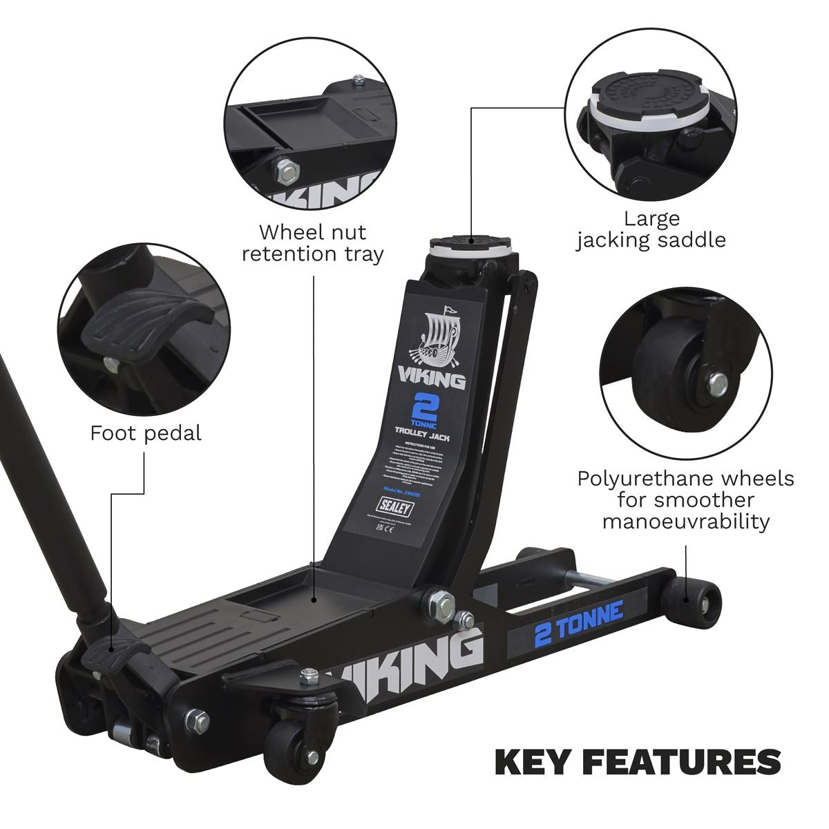 Sealey Viking 2 Tonne Low Entry Long Reach Trolley Jack with Rocket Lift