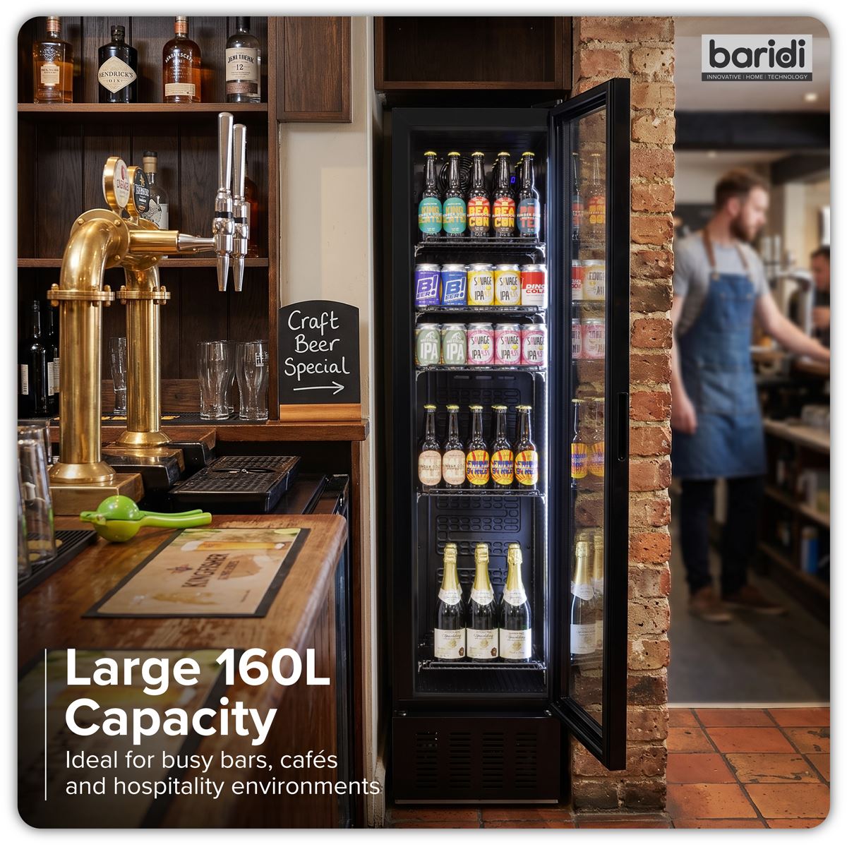 Baridi Tall Drinks/Bar Fridge with Digital Controls & Auto Defrost 160L - Black  White Rose Tools