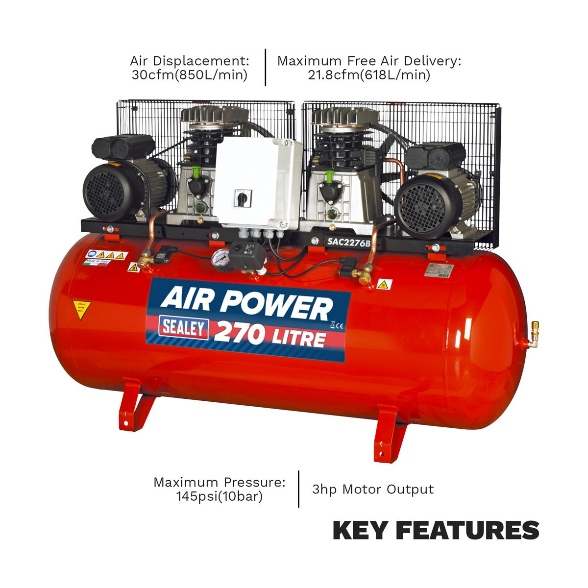 Sealey 270L Belt Drive Air Compressor with Cast Cylinders 2 x 3hp 