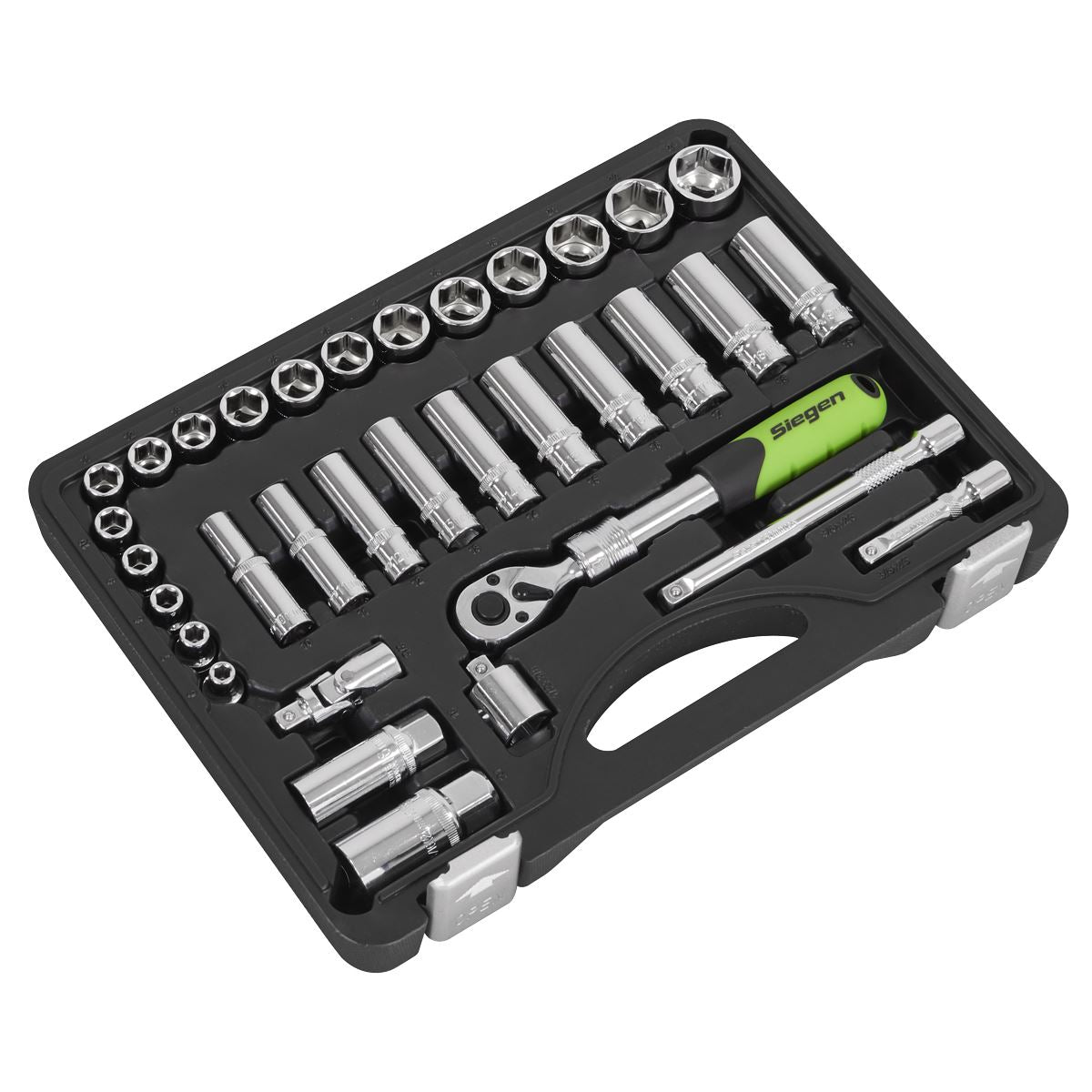 Siegen by Sealey Socket Set Extendable Ratchet 3/8"Sq Drive 34pc  White Rose Tools