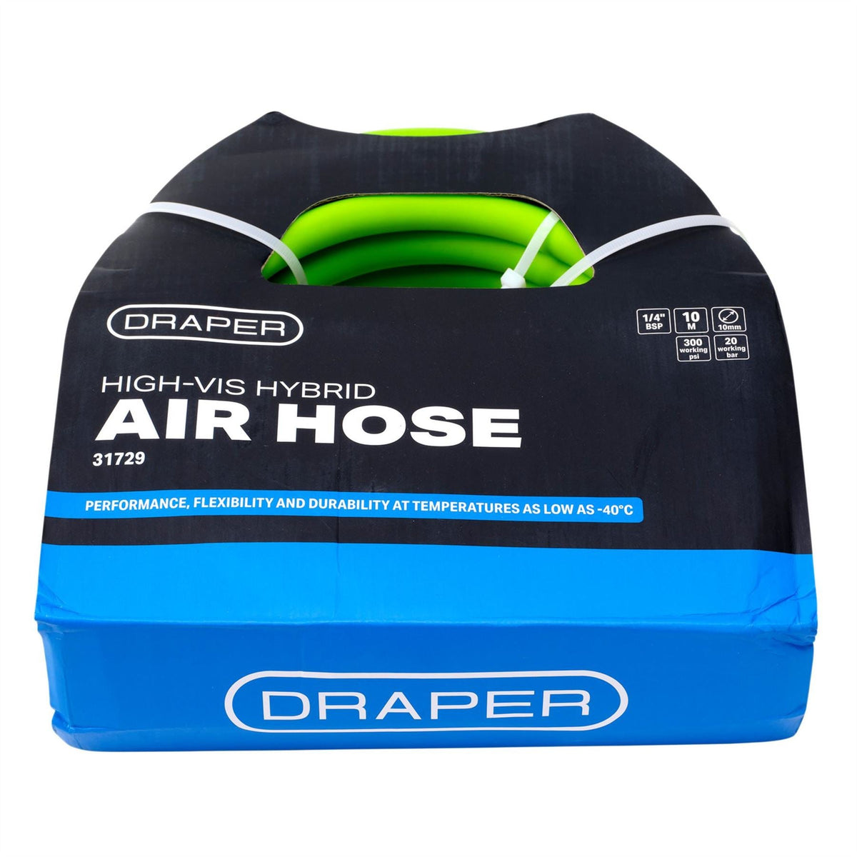 Draper High Visibility Hybrid Air Hose 10m x 10mm 1/4" BSP Green 31729  White Rose Tools
