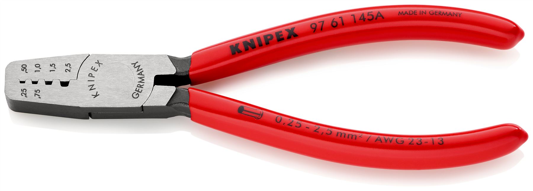 KNIPEX Crimping Pliers for Wire Ferrules 145mm 0.25-2.5mm² 145mm Plastic Coated Handles 97 61 145 A
