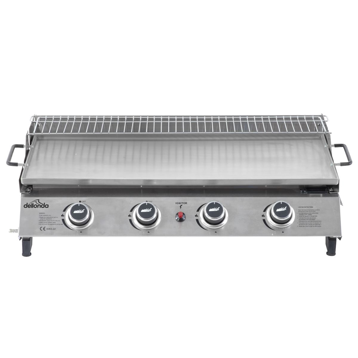 Dellonda 4 Burner Portable Gas Plancha with Warming Rack, 10kW BBQ Griddle, Stainless Steel