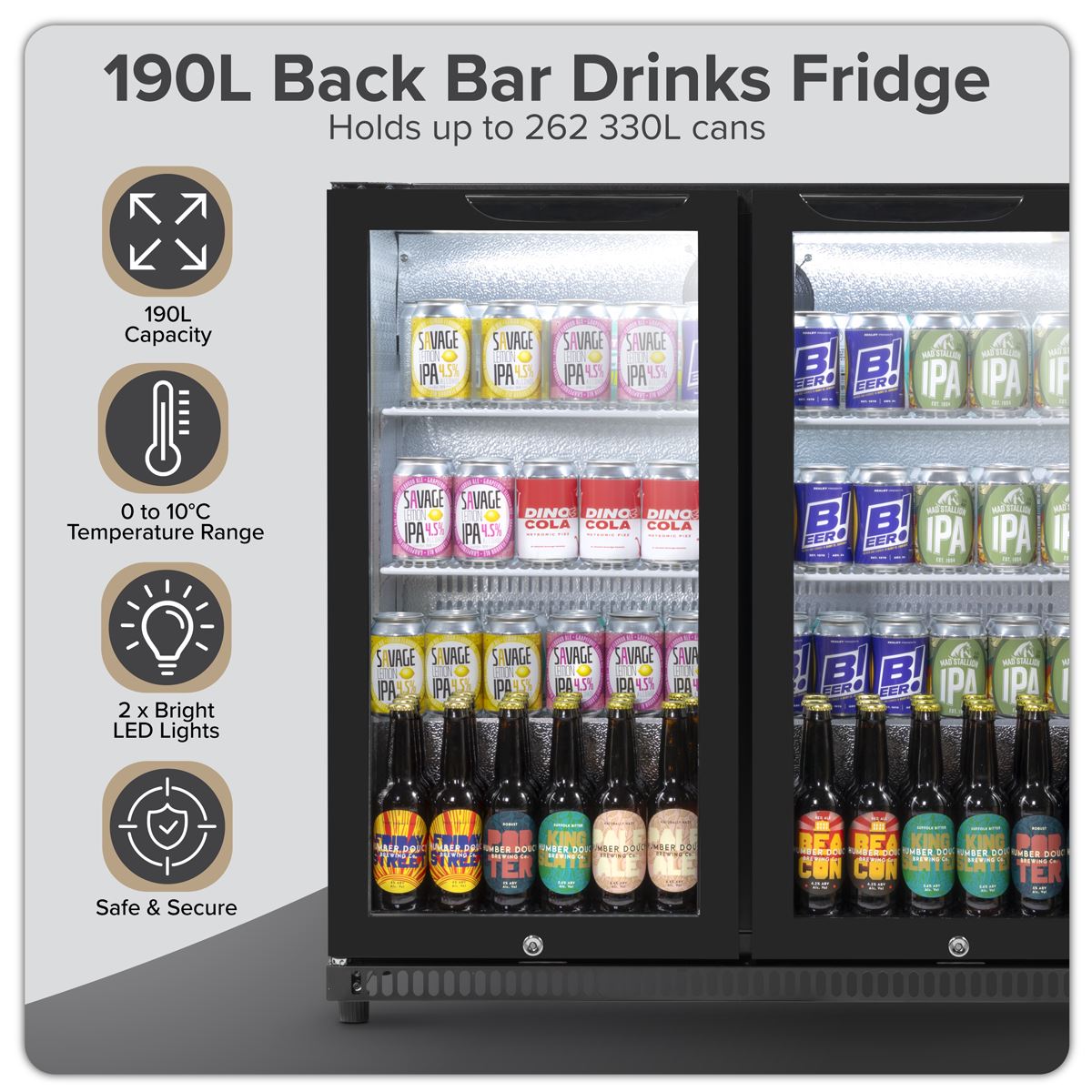 Baridi Hinged Double Door, Back Bar Drinks Fridge/Cooler, 190L Capacity