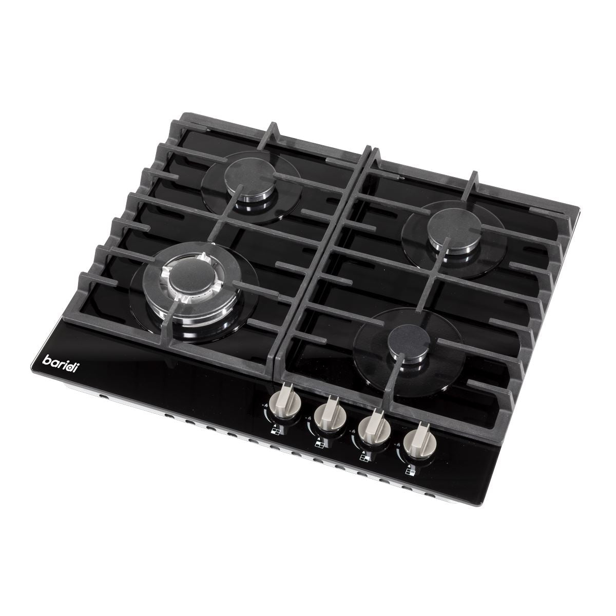 Baridi 60cm Gas on Glass Hob, 4 Burner and Cast Iron Pan Supports, Black Glass