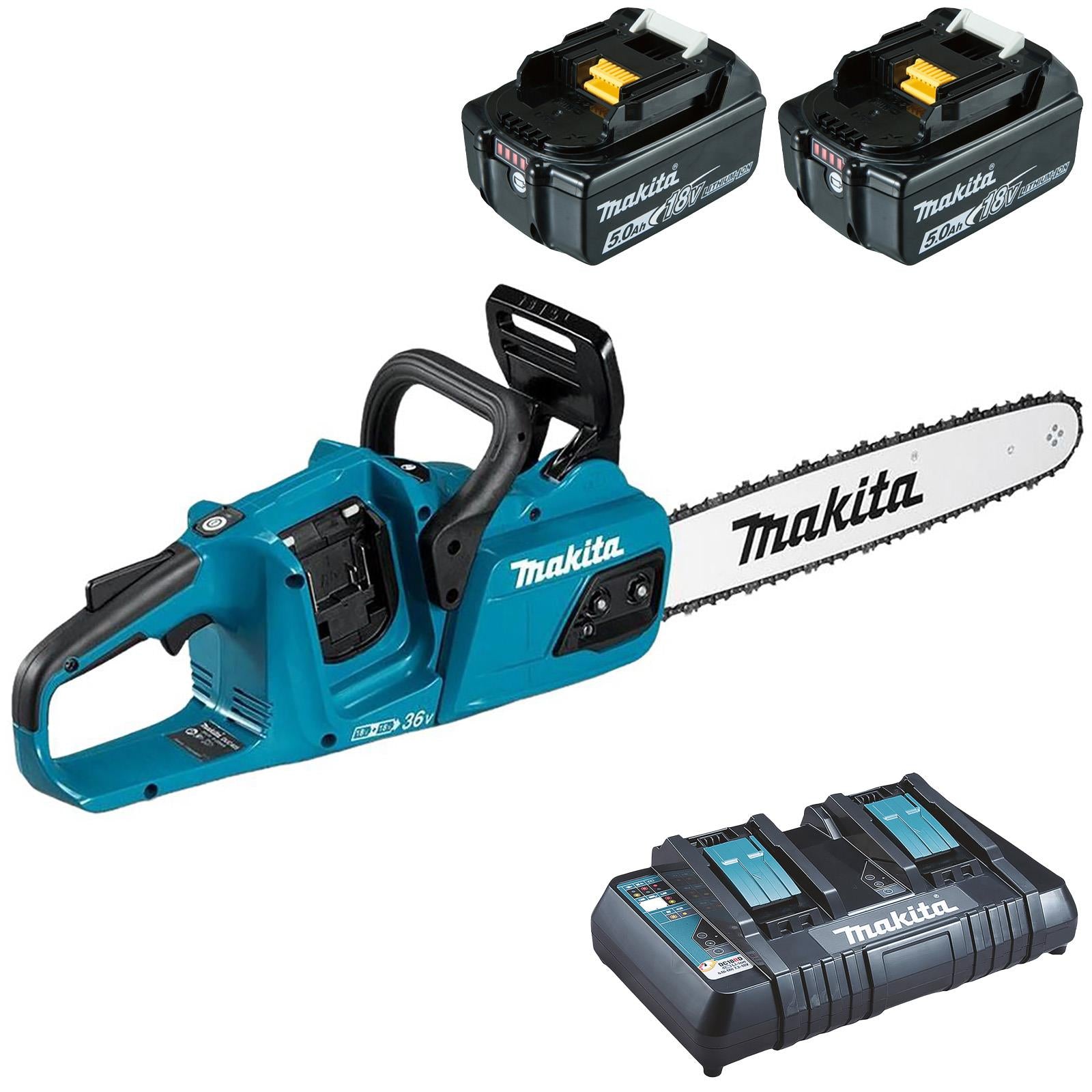 Makita Chainsaw Kit 30cm 12" 18V x 2 LXT Brushless Cordless 2 x 5Ah Battery and Dual Rapid Charger Garden Tree Cutting Pruning DUC305PT2